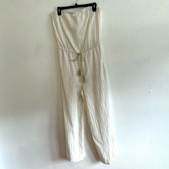 Cottage Core Fairy Ivory Tan Pin Stripe Linen Blend Jumpsuit Removable Straps M - Picture 1 of 7